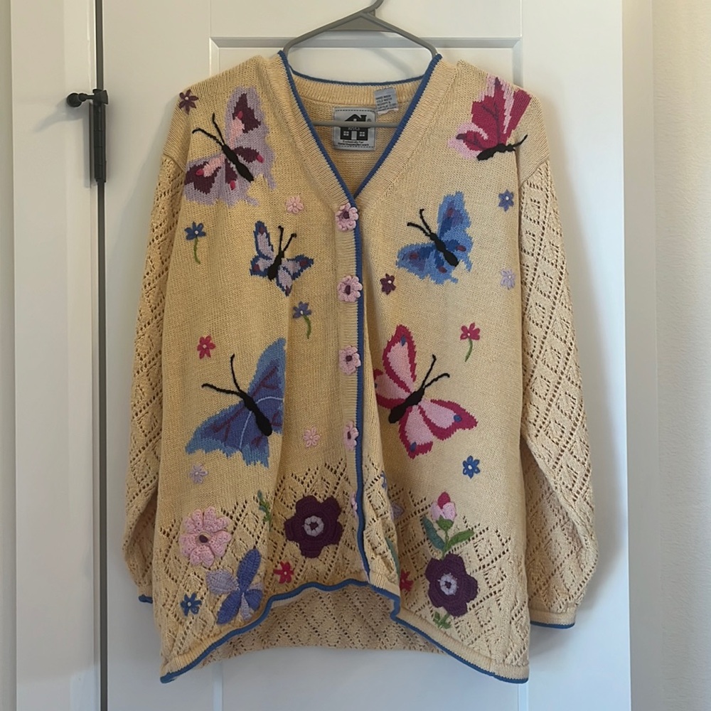 Vintage Storybook Knits Floral and Butterfly Yellow Cardigan